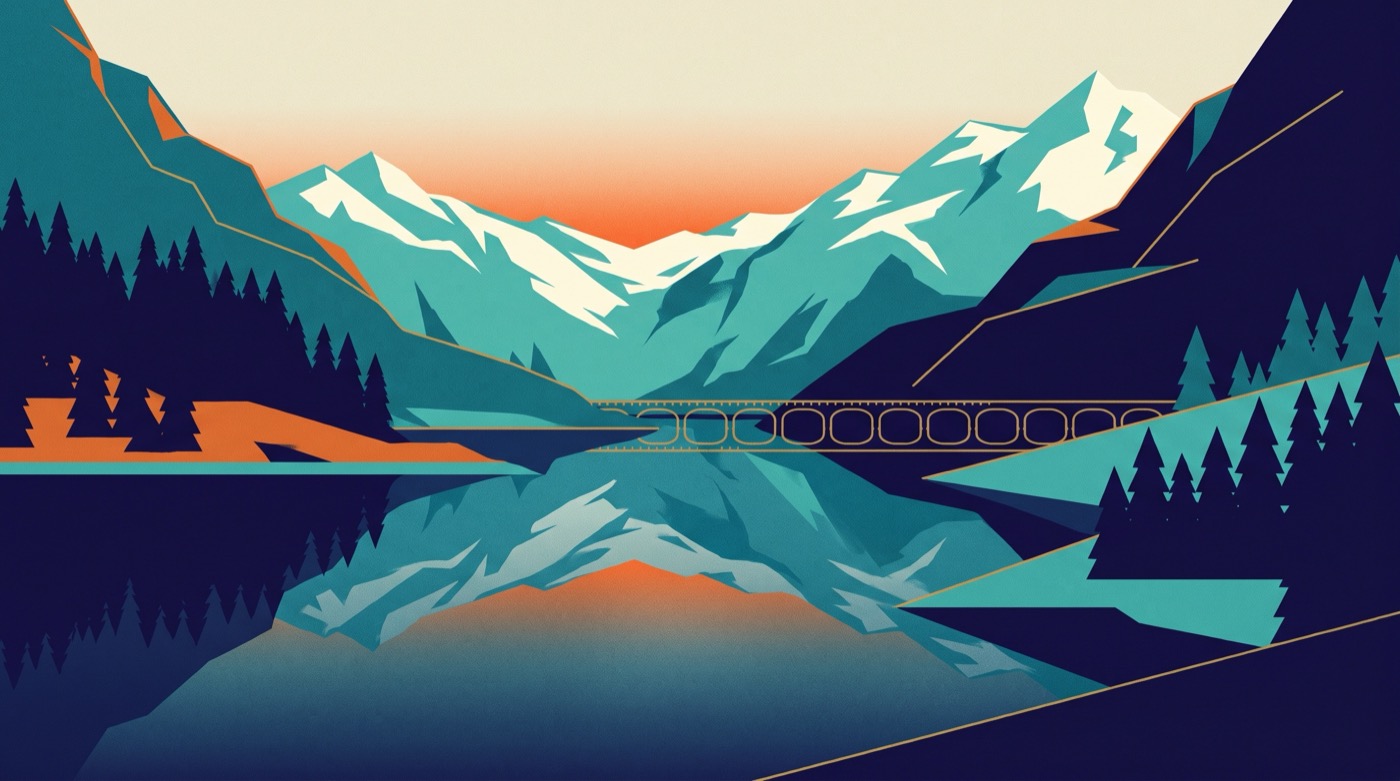 Art deco travel poster of an alpine lake at dusk with a railway viaduct on the far shore