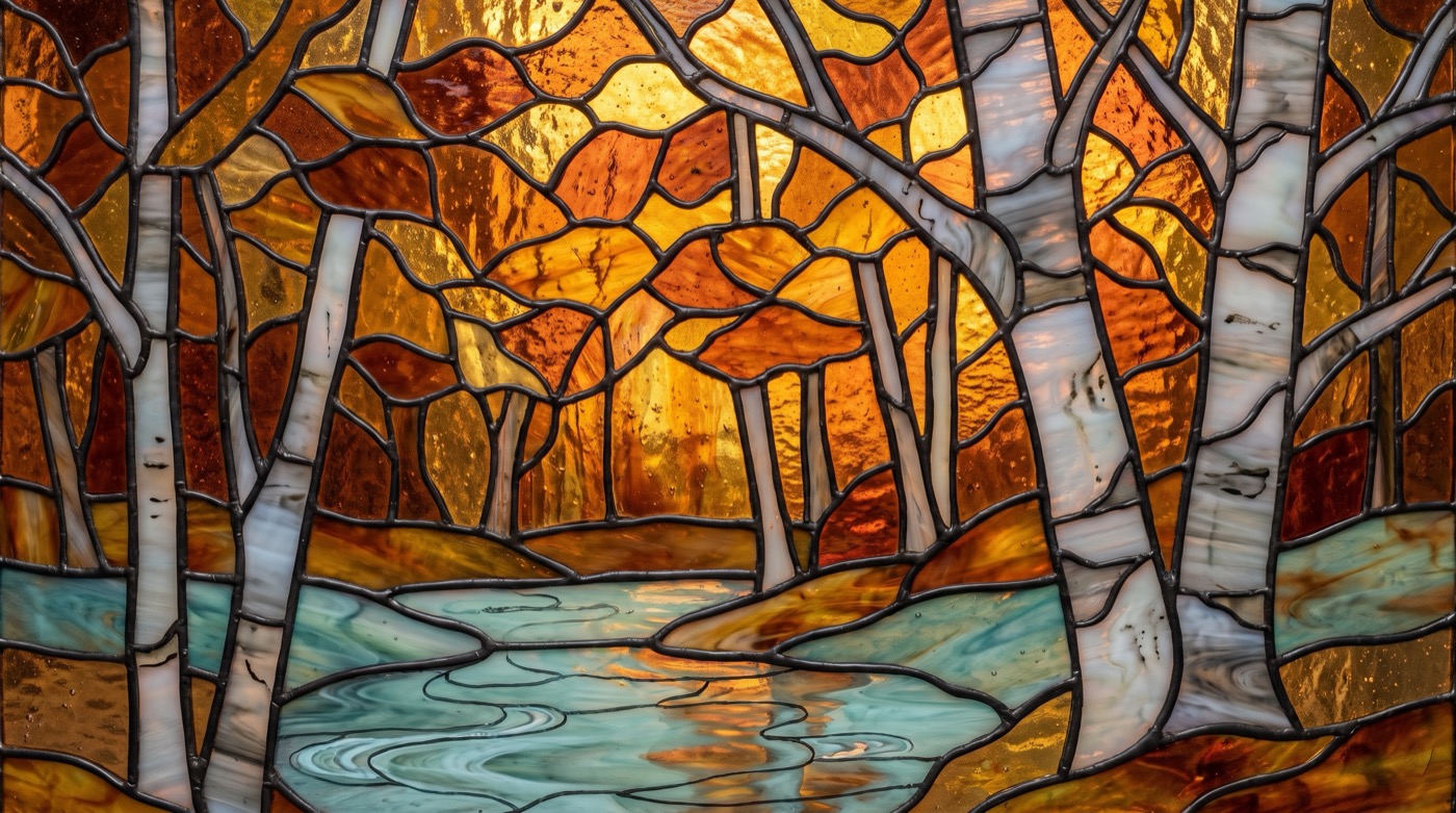 Stained glass panel of a birch grove in autumn colour with a teal stream winding between the trunks