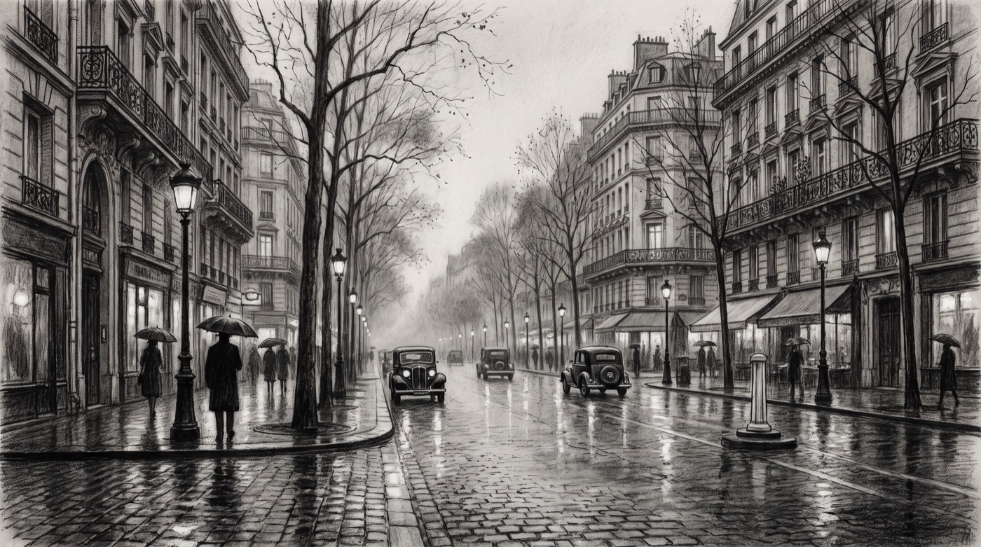 Charcoal drawing of a rain-wet European boulevard at dusk, with figures under umbrellas, bare plane trees and lamp light reflected on the cobblestones