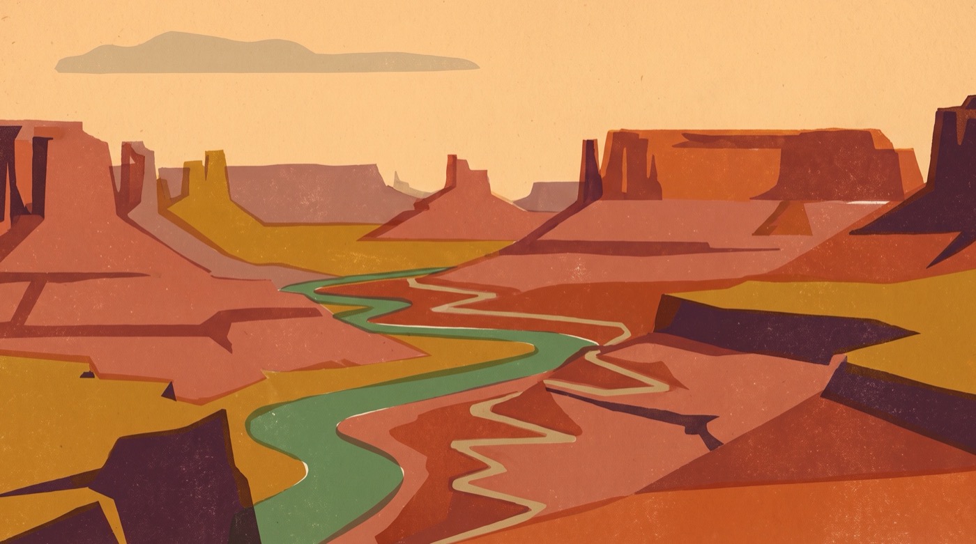 Vintage silkscreen travel poster of a red rock canyon in late afternoon, layered mesas and buttes in terracotta, rust and plum with a green river threading the canyon floor under an apricot sky