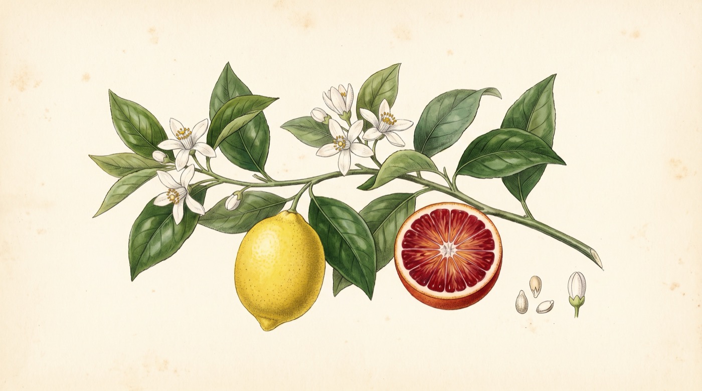 Antique style botanical illustration of a citrus branch on cream paper with white blossom, a ripe lemon and a halved blood orange