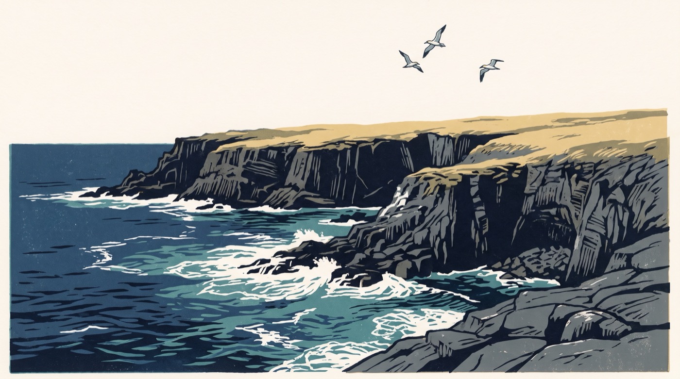 Linocut print of Atlantic coastal cliffs with gannets wheeling overhead