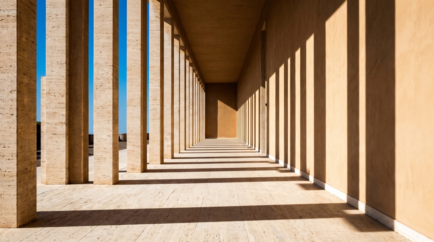 Photograph of a long travertine colonnade in hard late afternoon sun, pillar shadows striping a pale stone floor and a warm plaster wall in one point perspective against a deep blue sky