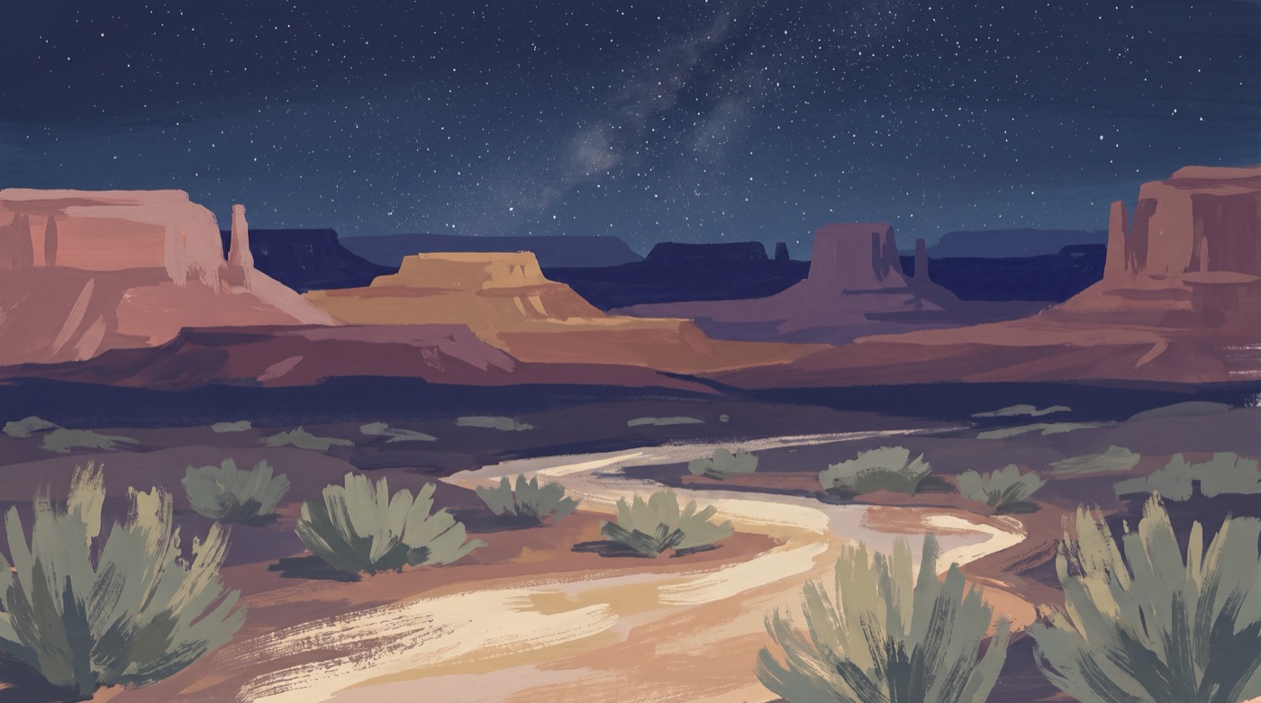 Gouache painting of red rock mesas and sagebrush under a starry night sky