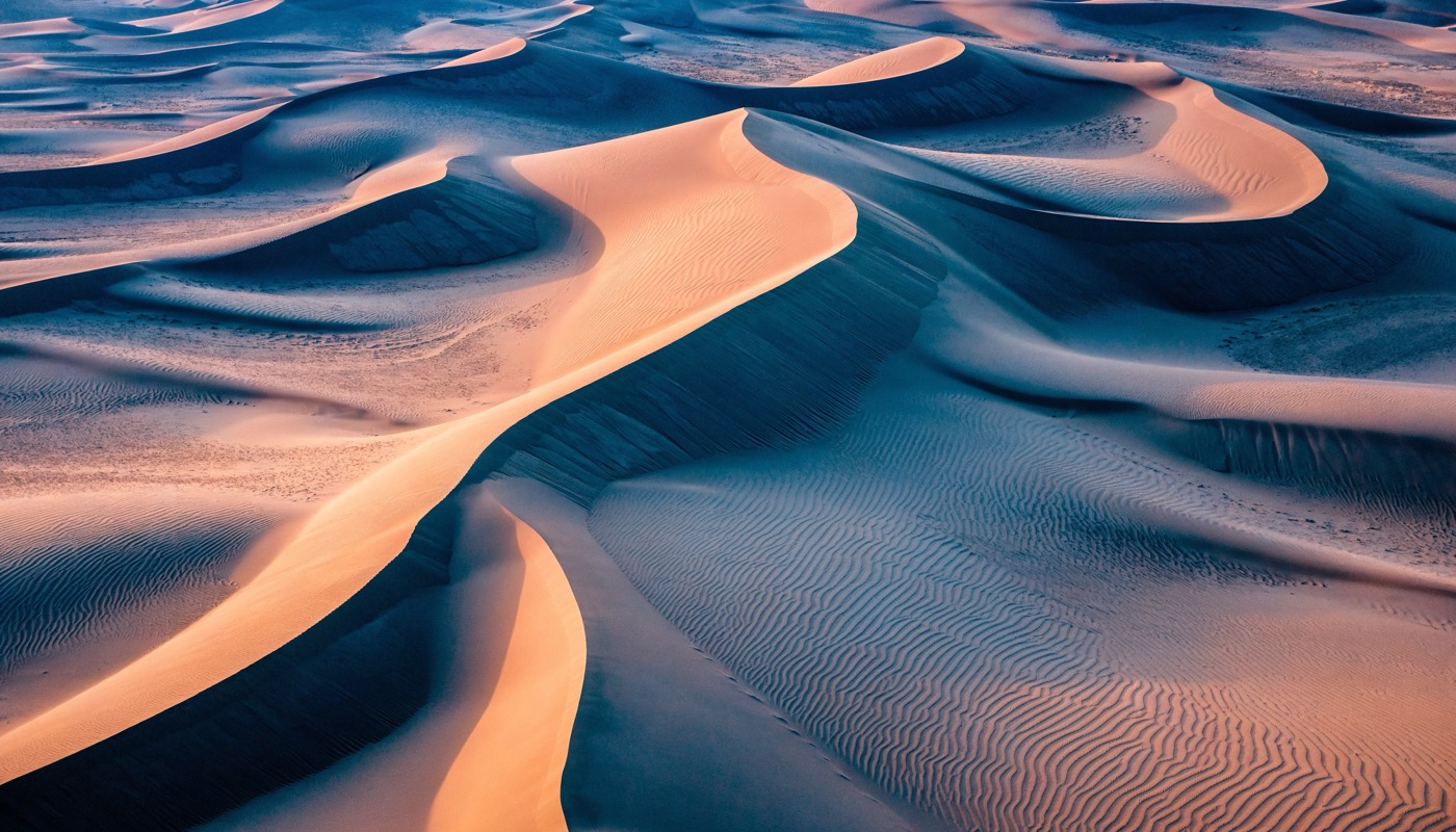 Aerial photograph looking down on sand dunes at first light, curving sharp ridges lit warm apricot on one side and cool blue shadow on the other, fine wind ripples across the slopes