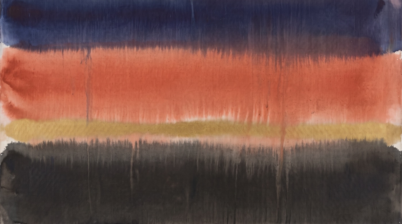 Abstract colour field painting of wide horizontal bands with soft feathered edges, deep indigo above a broad burnt coral band, a thin seam of gold and a heavy charcoal base, with gentle vertical drips