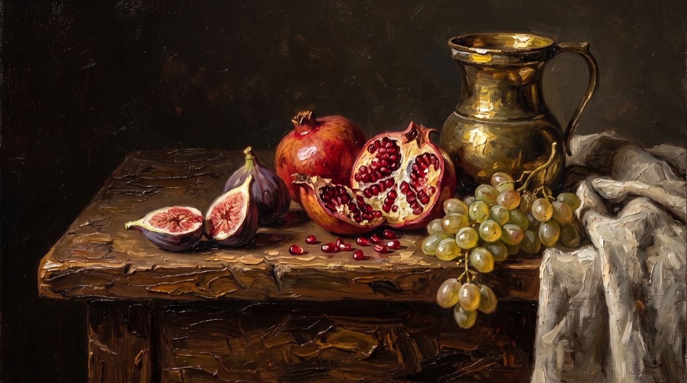 Oil still life with heavy impasto on a dark ground, showing split figs, a cracked pomegranate spilling seeds, a tarnished brass jug, muscat grapes and a linen cloth on a scarred oak table