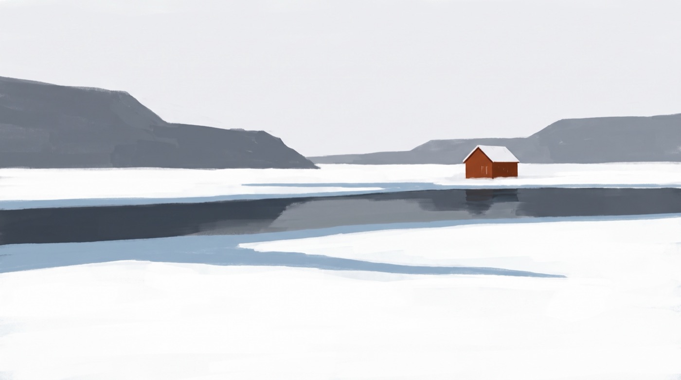 Scandinavian minimalist painting of a snow-covered fjord in winter, a single small red timber cabin on the far shore beneath pale grey headlands, with dark still water between bands of ice