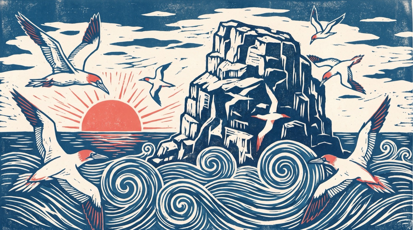 Three colour linocut print of gannets wheeling around a tall sea stack above carved swirling blue swells, with a coral red sun low on the horizon