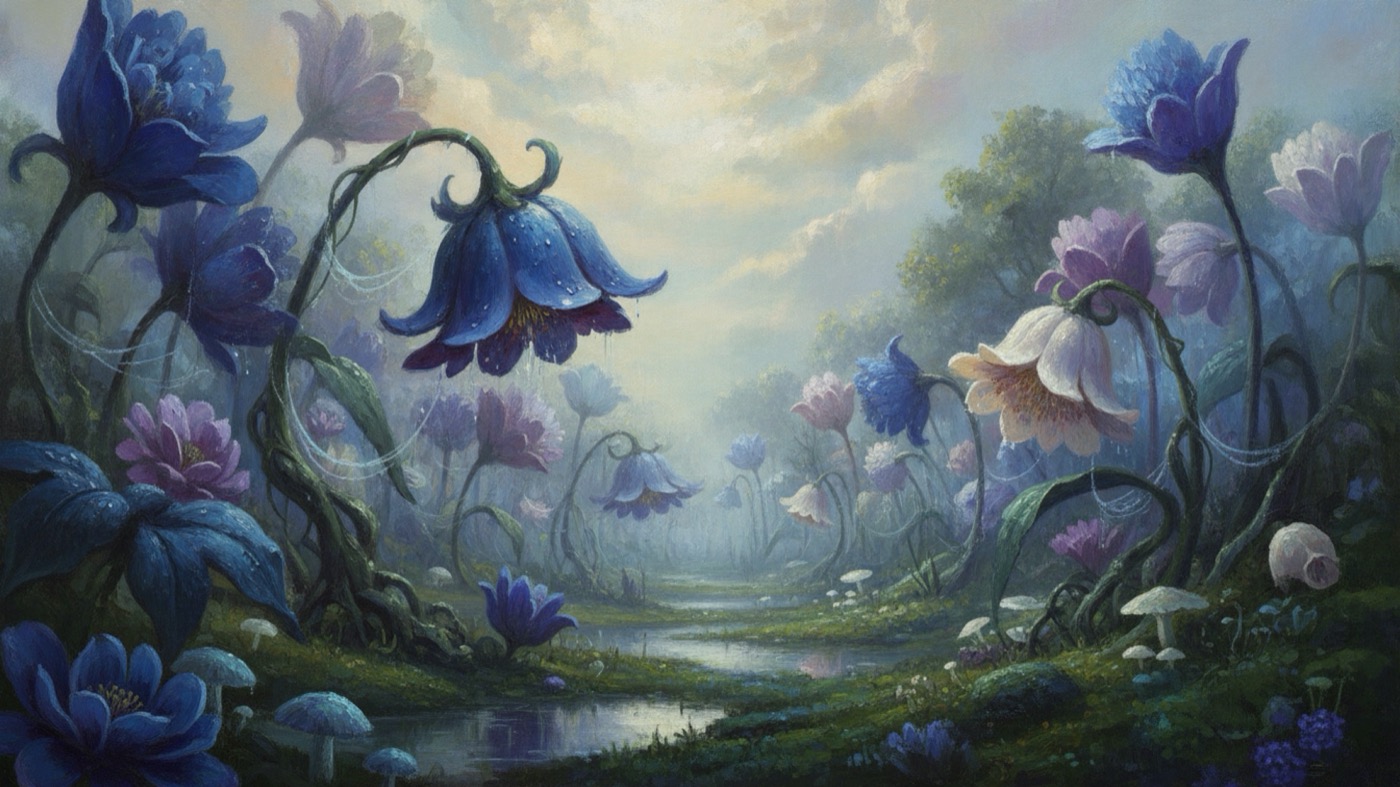 Oil painting of an oversized bellflower garden with dew on the petals
