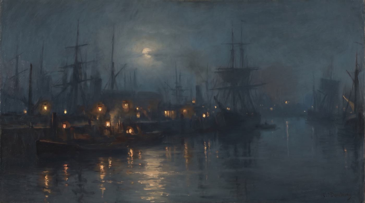 Tonal nocturne oil painting of a working harbour at night, dark masts and hulls dissolving into blue black air with warm lantern lights along the quay drawn out in long reflections on still water beneath a fogged moon