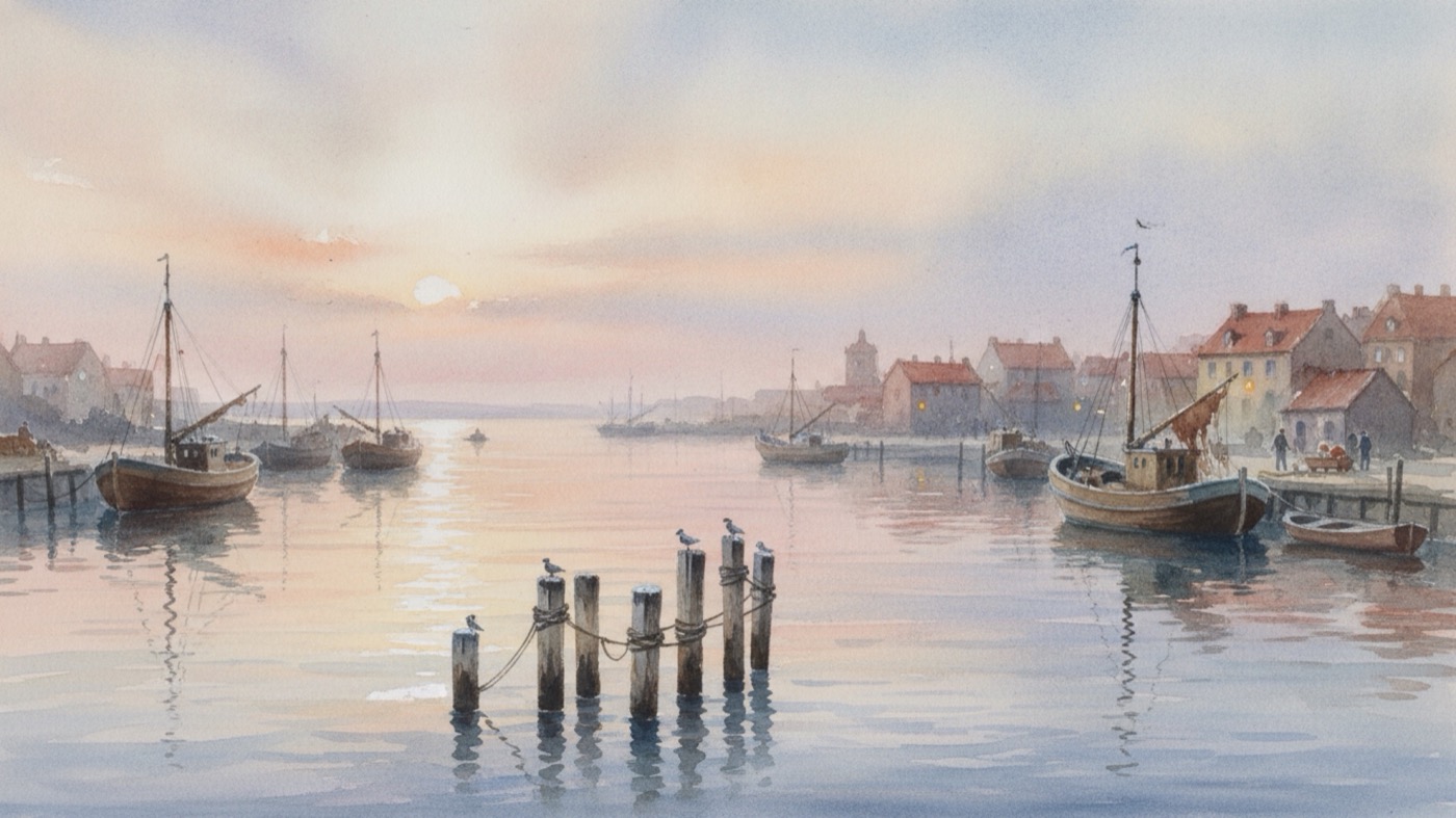 Watercolour of a fishing harbour at first light