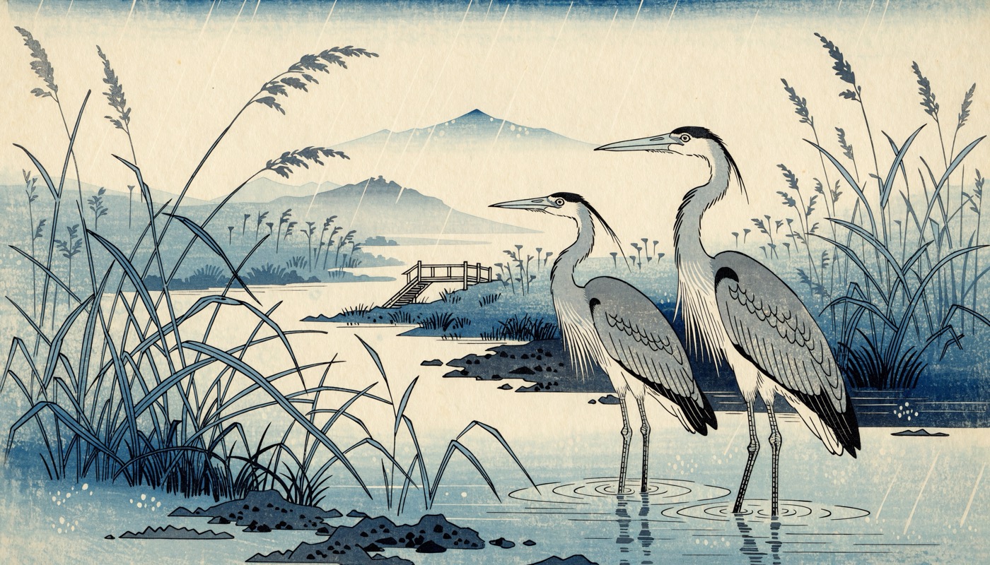 Ukiyo-e woodblock print of two grey herons standing in a shallow misty river in fine diagonal spring rain, tall reeds, a small wooden footbridge and pale blue hills in the distance