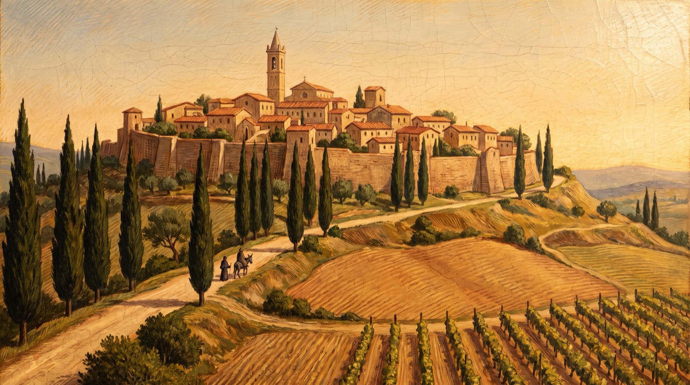 Egg tempera painting of a walled hilltop town in late afternoon with terracotta roofs and a slender bell tower, cypresses along the ridge, ploughed ochre fields and vineyards below and two tiny travellers on the winding road