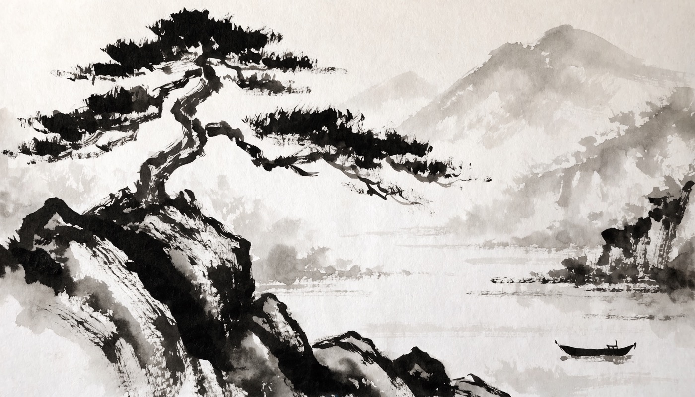 Ink wash painting of mist, a mountain, and one small boat on still water