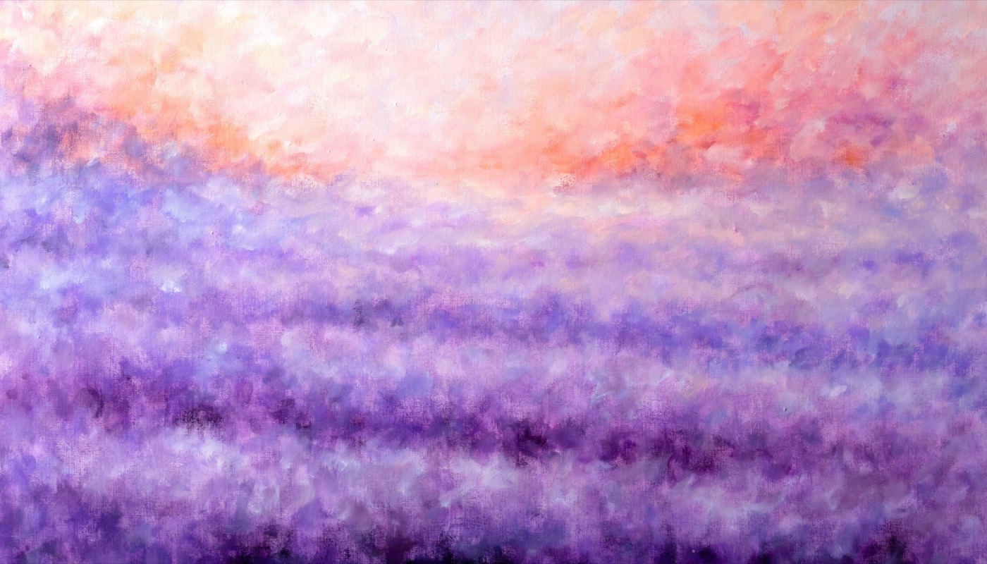 Abstract colour field painting in soft feathered bands of violet, lilac and plum beneath a glowing apricot and rose sky, evoking a lavender field at dusk
