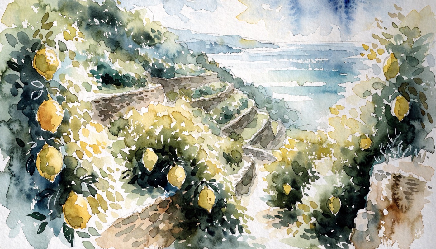 Loose watercolour of a terraced hillside lemon grove, bright yellow lemons among dark green leaves, dry stone walls and a path leading down to a pale turquoise sea in morning haze