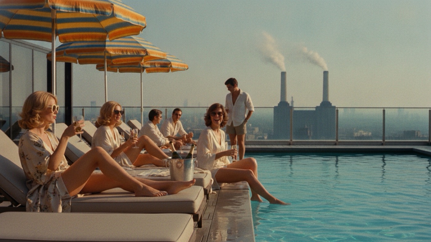 1970s film photograph style image of a rooftop pool above London