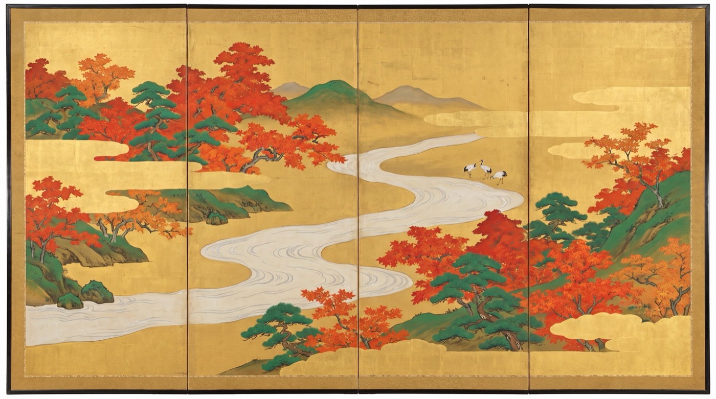 Japanese byobu folding screen painting on burnished gold leaf showing a pale river winding through brilliant vermilion autumn maples and mineral green pines, with a few small cranes at the far bank