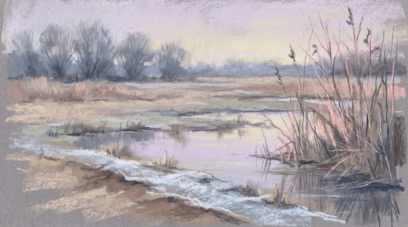 Soft pastel drawing of a winter marsh at first light, bleached reeds catching low pink sun over still water reflecting a pale lilac sky, with bare willows in smoky blue beyond