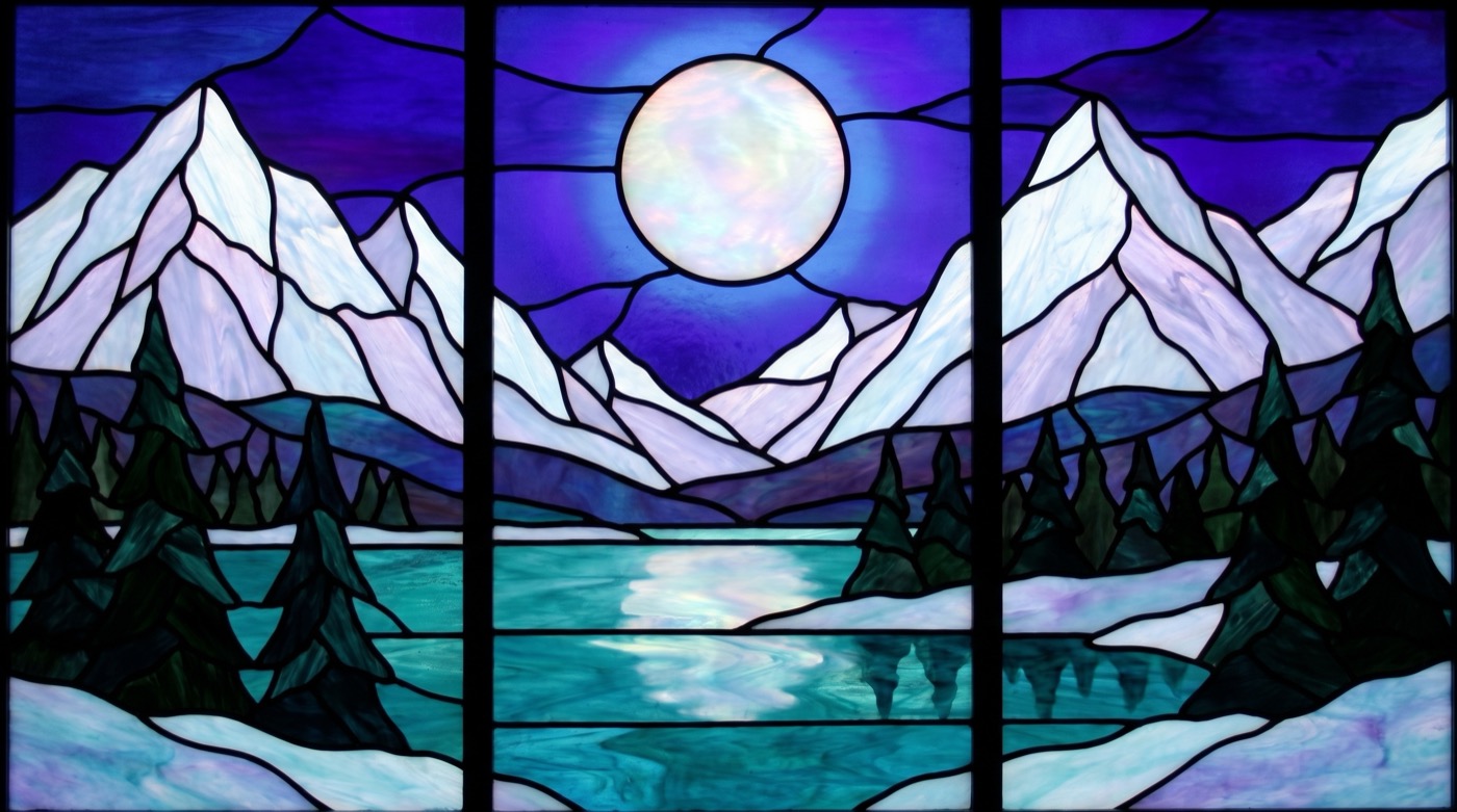 Stained glass design of snowy mountain peaks in white and lilac under a glowing opal full moon in a cobalt and violet sky, a teal frozen lake and dark pines in the foreground, bold black leading
