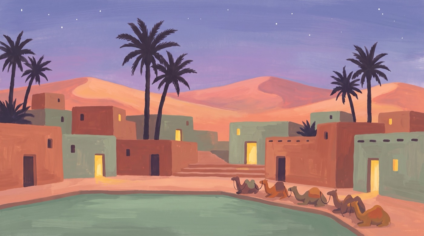 Gouache painting of a desert oasis town at dusk with flat roofed adobe houses in terracotta and sage around a green pool, date palms, camels resting by the water, apricot dunes behind and first stars in a violet sky