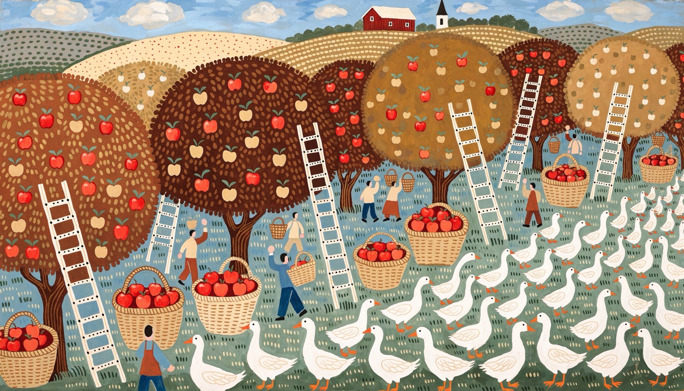 Naive folk painting of an autumn apple harvest, round trees full of red apples, ladders and woven baskets, small pickers, a flock of white geese in the grass and a red barn and white church on the hill