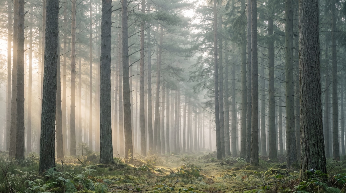 Photograph of a pine forest in soft morning fog, tall straight trunks receding in layers, pale gold shafts of low sunlight from the left and ferns and moss on the forest floor