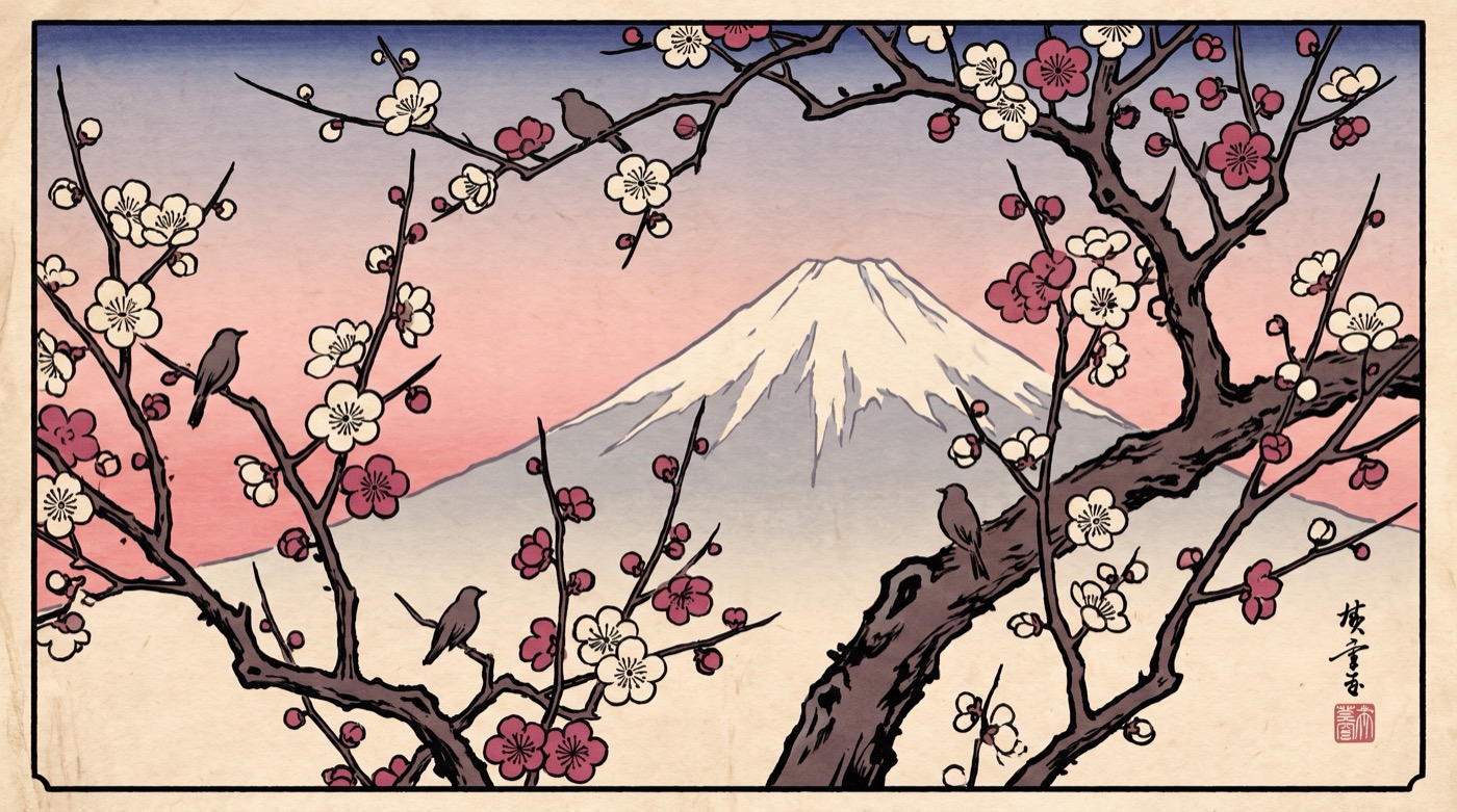 Japanese ukiyo-e woodblock print of plum blossom branches in white and deep pink framing a distant snow capped volcanic peak at dawn, with small birds and a rose to blue gradient sky