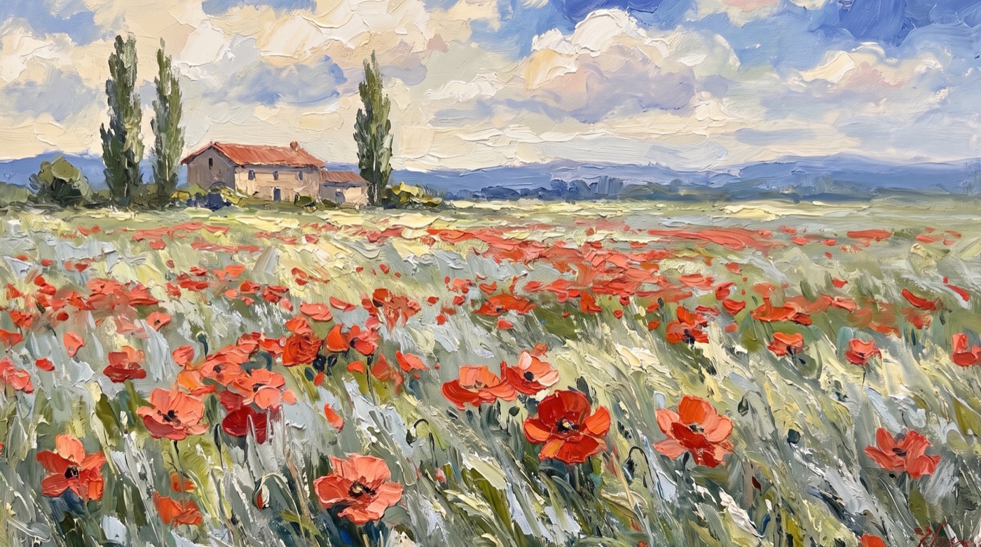 Impressionist oil painting of a wide poppy meadow in high summer, scarlet poppies through silvery grasses with a low stone farmhouse and two poplars in the distance beneath a cloudy blue sky