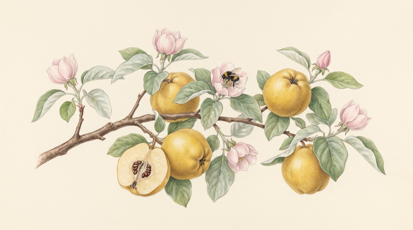 Botanical watercolour illustration on cream vellum of a quince branch with golden downy fruit, pale pink blossoms, silvery green leaves, a halved quince showing its seeds and a bumblebee in one flower