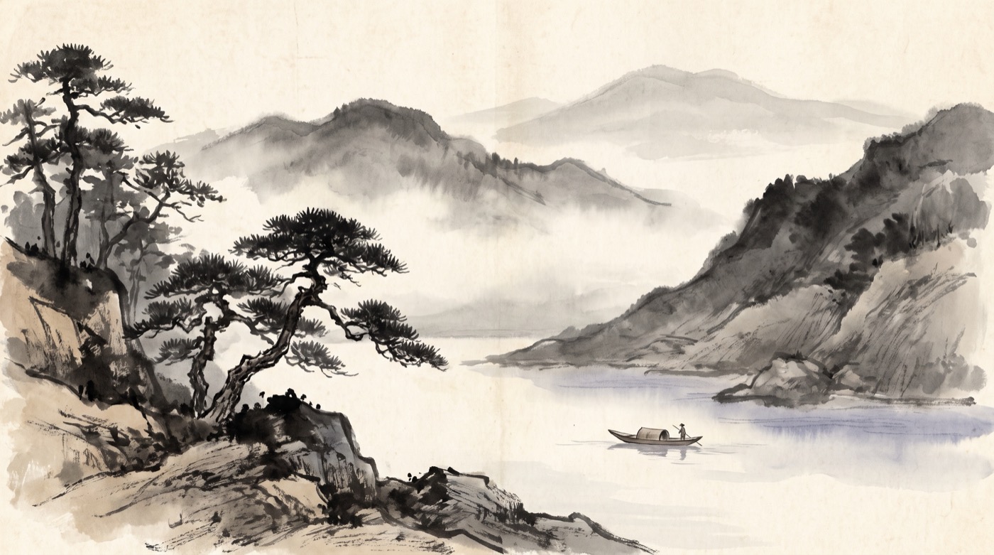 Sumi-e ink wash painting of a misty river gorge with pines and a lone boat