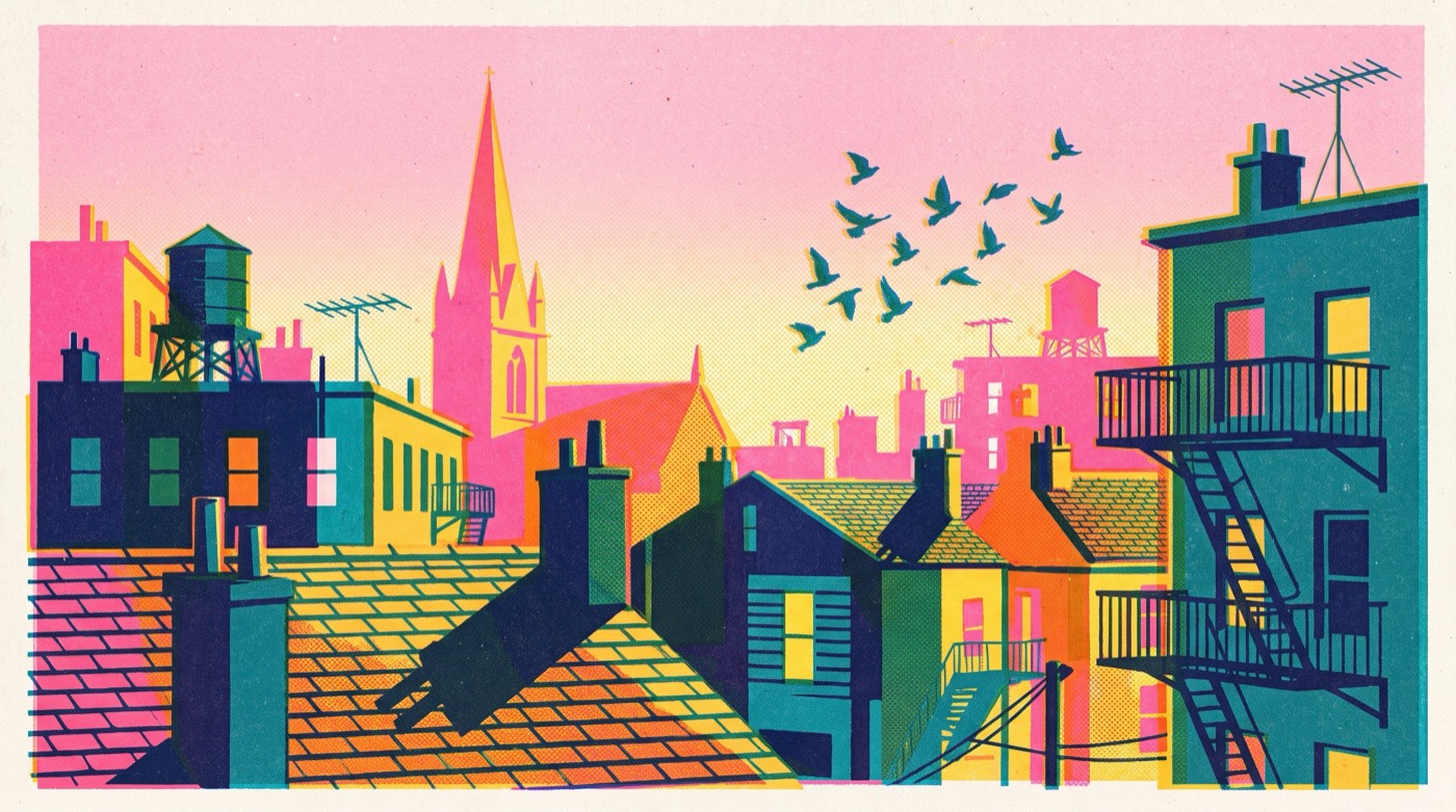 Risograph screen print of city rooftops at sunrise with chimneys, water tanks, aerials, fire escapes and a church spire in overlapping planes of fluorescent pink, warm yellow, teal and navy, with a flock of pigeons lifting