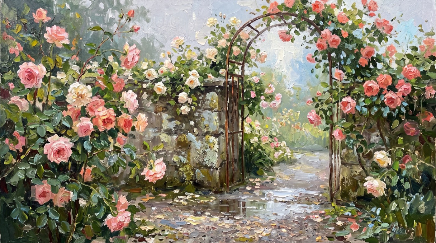 Impressionist oil painting of climbing roses in blush, coral and cream spilling over a mossy stone wall and an iron arch, a wet gravel path shining with puddles and fallen petals under a clearing silver sky