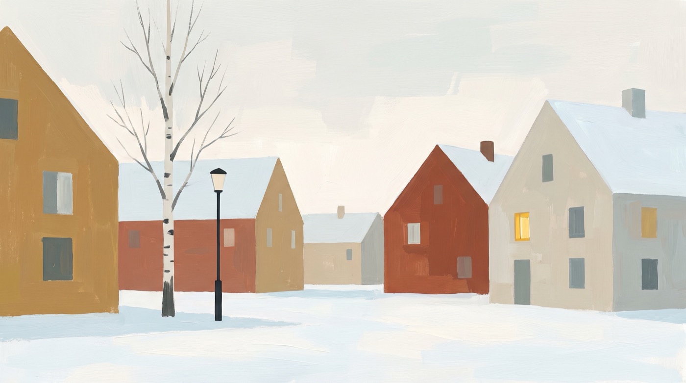 Scandinavian minimalist painting of simple gabled houses in ochre, rust red and soft grey around a snowy town square, a bare birch, a black lamp post and one warmly lit window under a pale winter sky