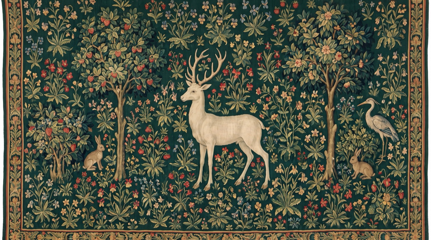 Medieval millefleur tapestry of a white stag standing among slender flowering trees on a deep green ground scattered with a thousand small flowers, with rabbits and a heron tucked into the foliage