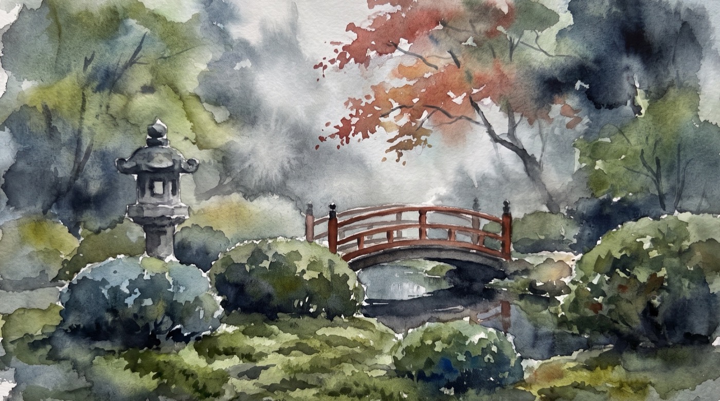 Loose watercolour of a Kyoto temple garden in soft rain, with a stone lantern, clipped azalea mounds, a small arched wooden bridge over dark water and one maple turning red