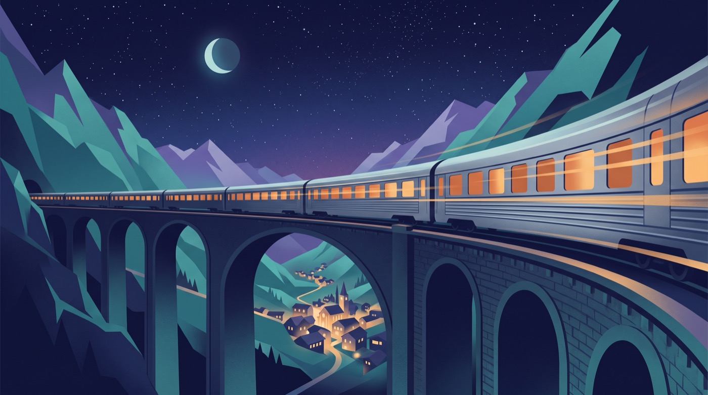 Art deco poster style painting of a streamlined night train with glowing amber windows crossing a curved stone viaduct through teal and violet alpine peaks, a crescent moon and stars above and a lit village in the valley below