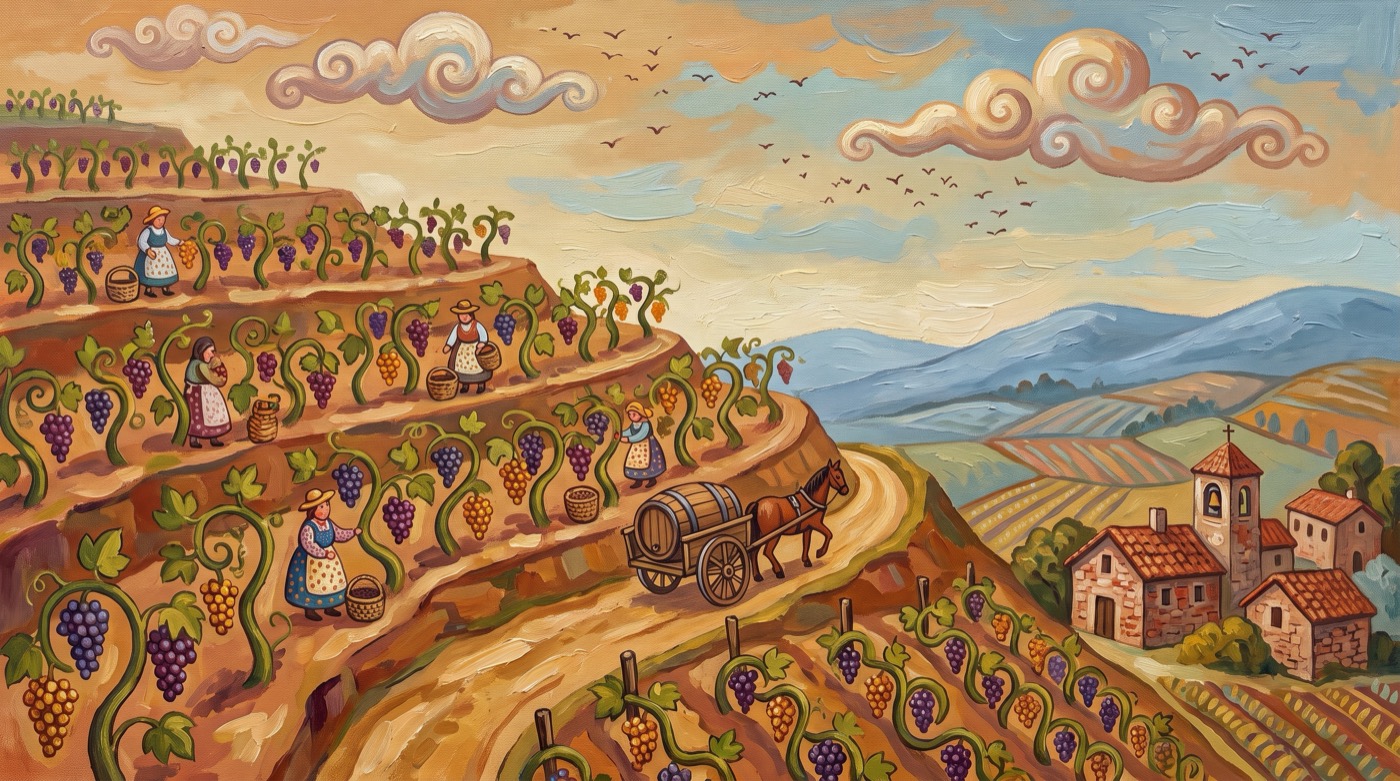 Naive folk art painting of a terraced hillside vineyard at harvest, with figures in patterned aprons carrying baskets between curving rows of vines, a horse drawn cart on an ochre path and a village of red tiled cottages in the valley below