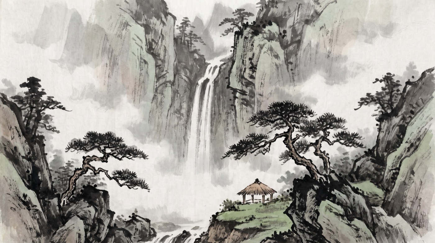 Sumi-e ink painting on textured paper of a slender waterfall dropping between misty cliffs, gnarled pines on the rock ledges and a small thatched pavilion near the base, in grey washes and dry black brushstrokes with touches of green