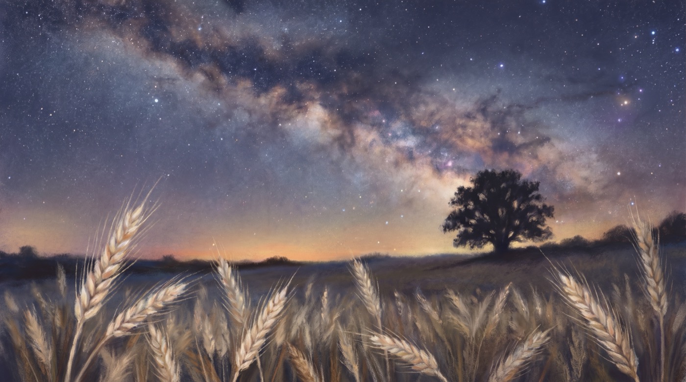 Soft pastel drawing of the Milky Way arching across an indigo night sky above a field of pale gold wheat, a lone tree in silhouette and a faint warm glow on the horizon